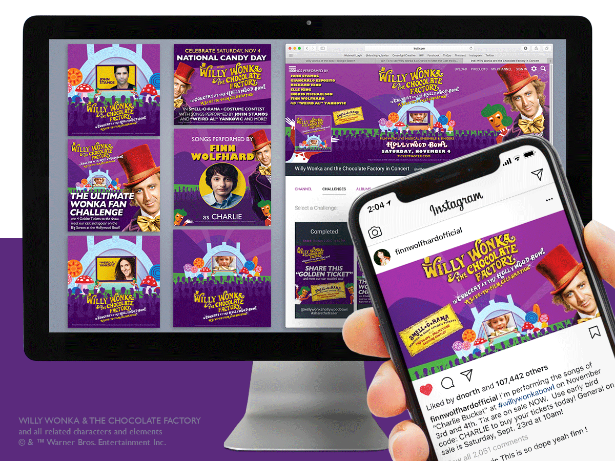 Digital ads for Willy Wonka and the Chocolate Factory live-to-film celebration at the Hollywood Bowl